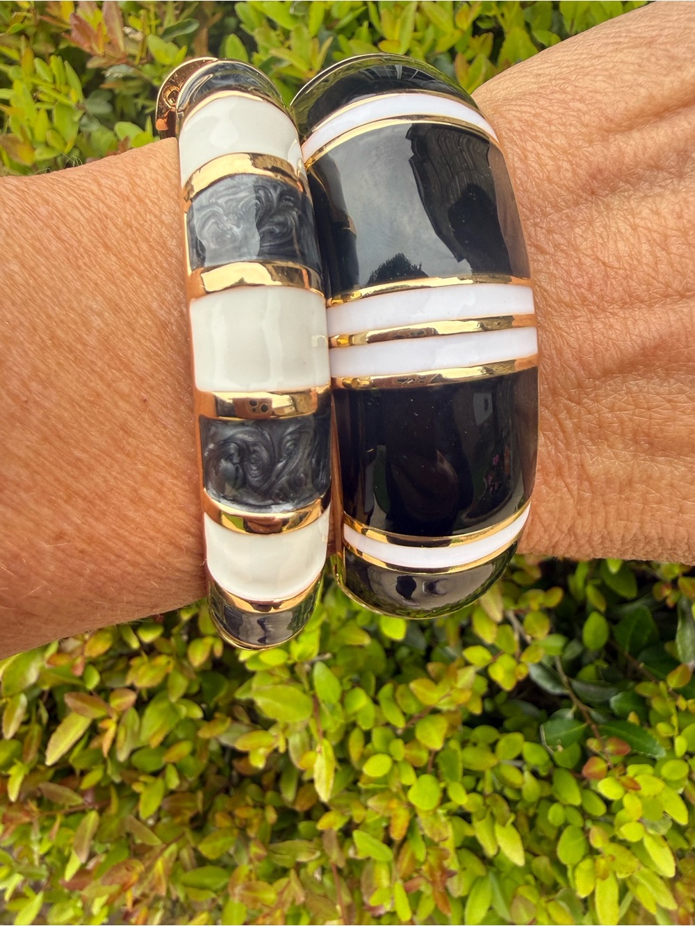 Stack In Style - Gold-Trim Black and White Enamel Bangle Bracelets Hinged